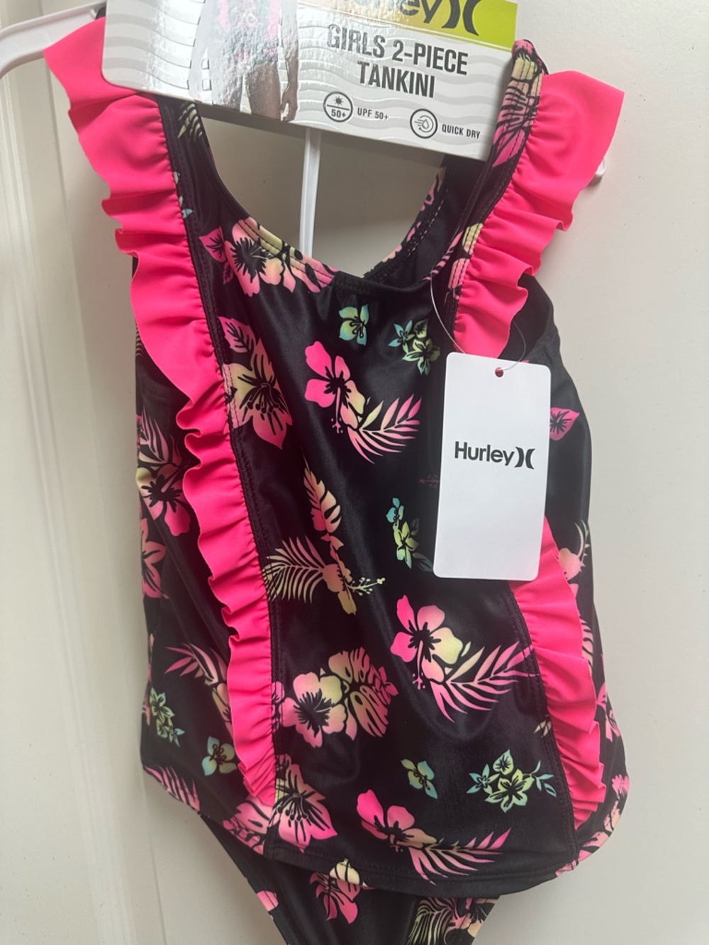 Hurley Girls Black Tankini with Bright Pink Floral Accents NWT